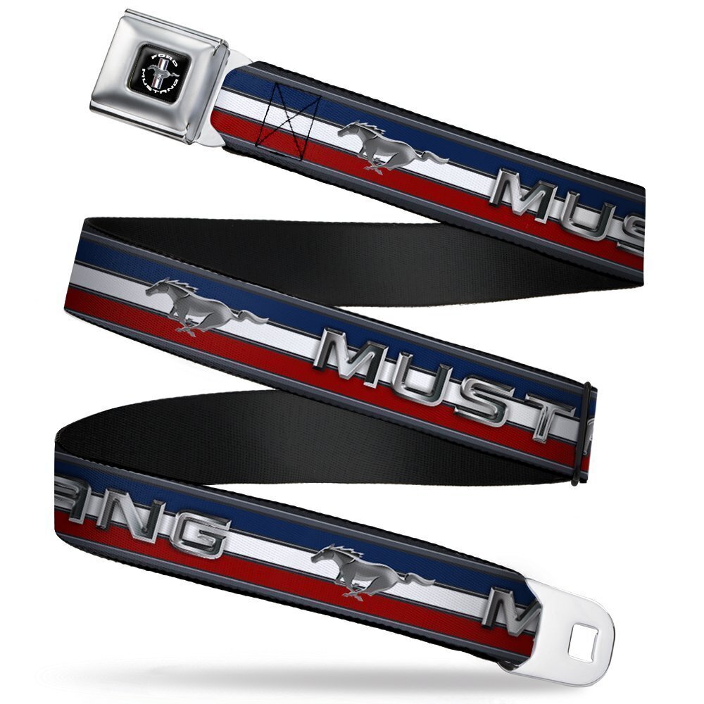 9171 Ford Belt, Seatbelt Buckle Belt, Mustang Text Tri Bar Stripe, 44 to 63